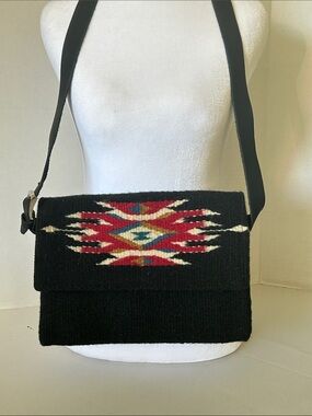 EL PASO SADDLE BLANKET CO CHIMAYO-STYLE BLACK WOOL VERY COLORFUL CROSSBODY BAG